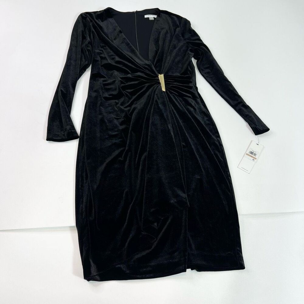Calvin Klein Dress Womens Size 12 Black Velvet V-Neck Long Sleeve Belted Mini NW